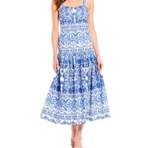 ANTONIO MELANI Elegant Blue and White Patterned Midi Dress